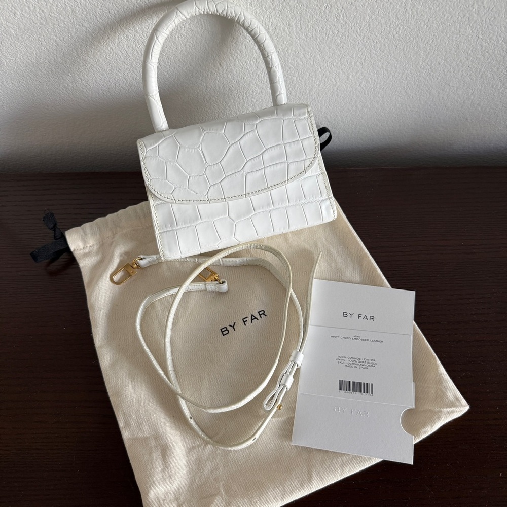 BY FAR mini white croc embossed leather bag
